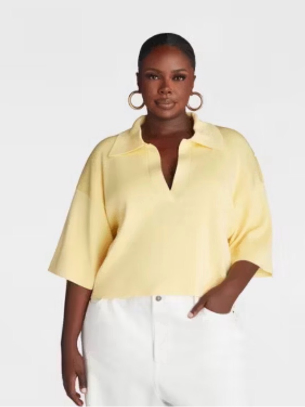 KBB by KAHLANA Women's Short Sleeve Boxy 'The Cropped Polo Sweater'  yellow